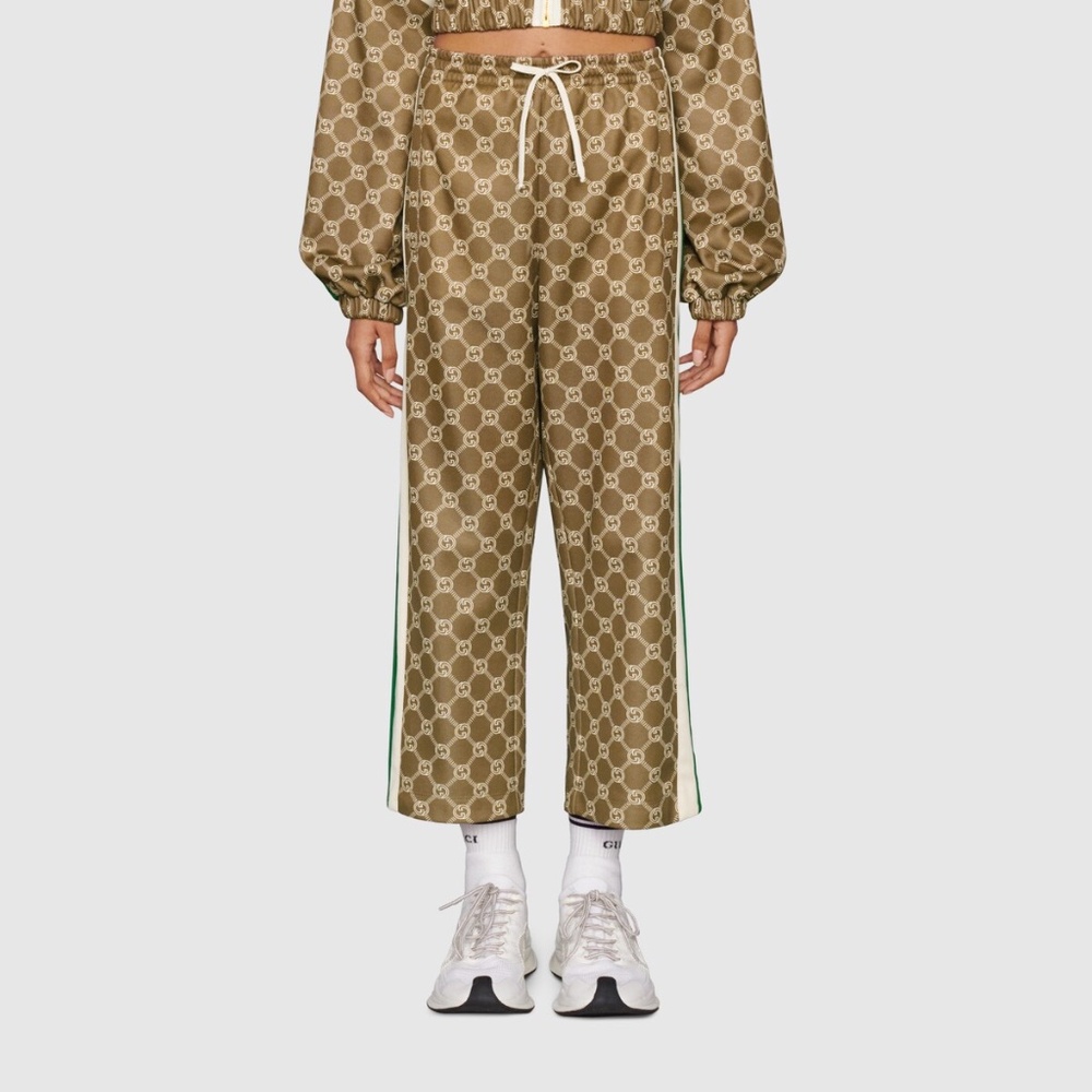 size M Gucci Women GG Cropped Track Pants Tear Away Buttons Web Beige Brown - Picture 3 of 15